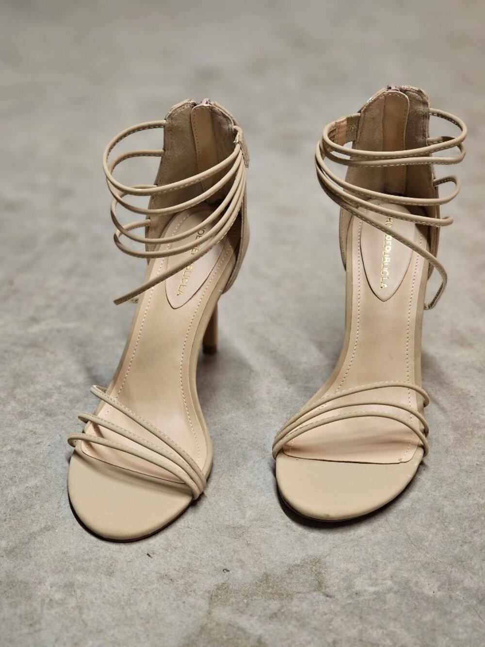 Strappy Natural Heeled Sandals With Zipper Back Closure Stiletto Heel Elegant De - Picture 11 of 12